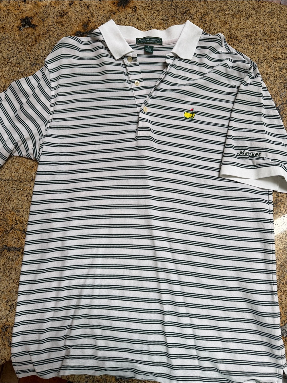 Masters White Polo with Dark Green Stripes & Yellow Logo